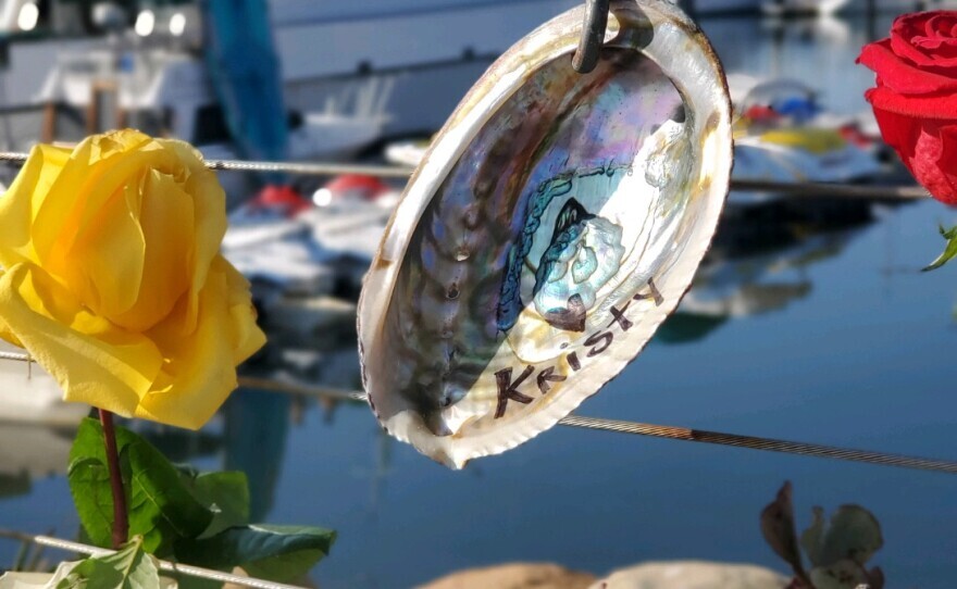 An abalone shell bearing Kristy Finstad's name circa 2019. Finstad was one of 34 passengers who were killed from the fire on the Conception that year — one of the worst maritime disasters in California history. The captain, Jerry Boylan, was found guilty of "seaman's manslaughter" on Nov. 6, 2023.