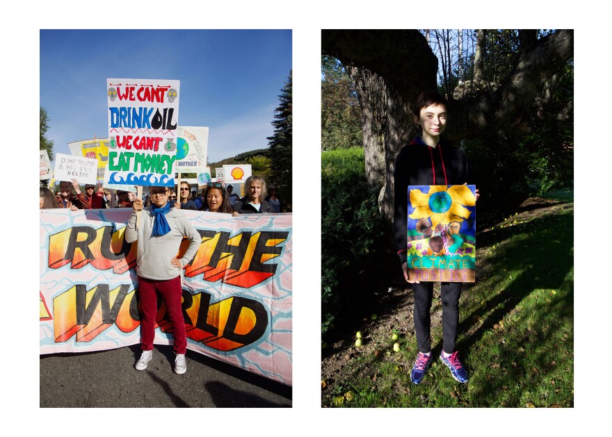 Two photos of young people holding signs.