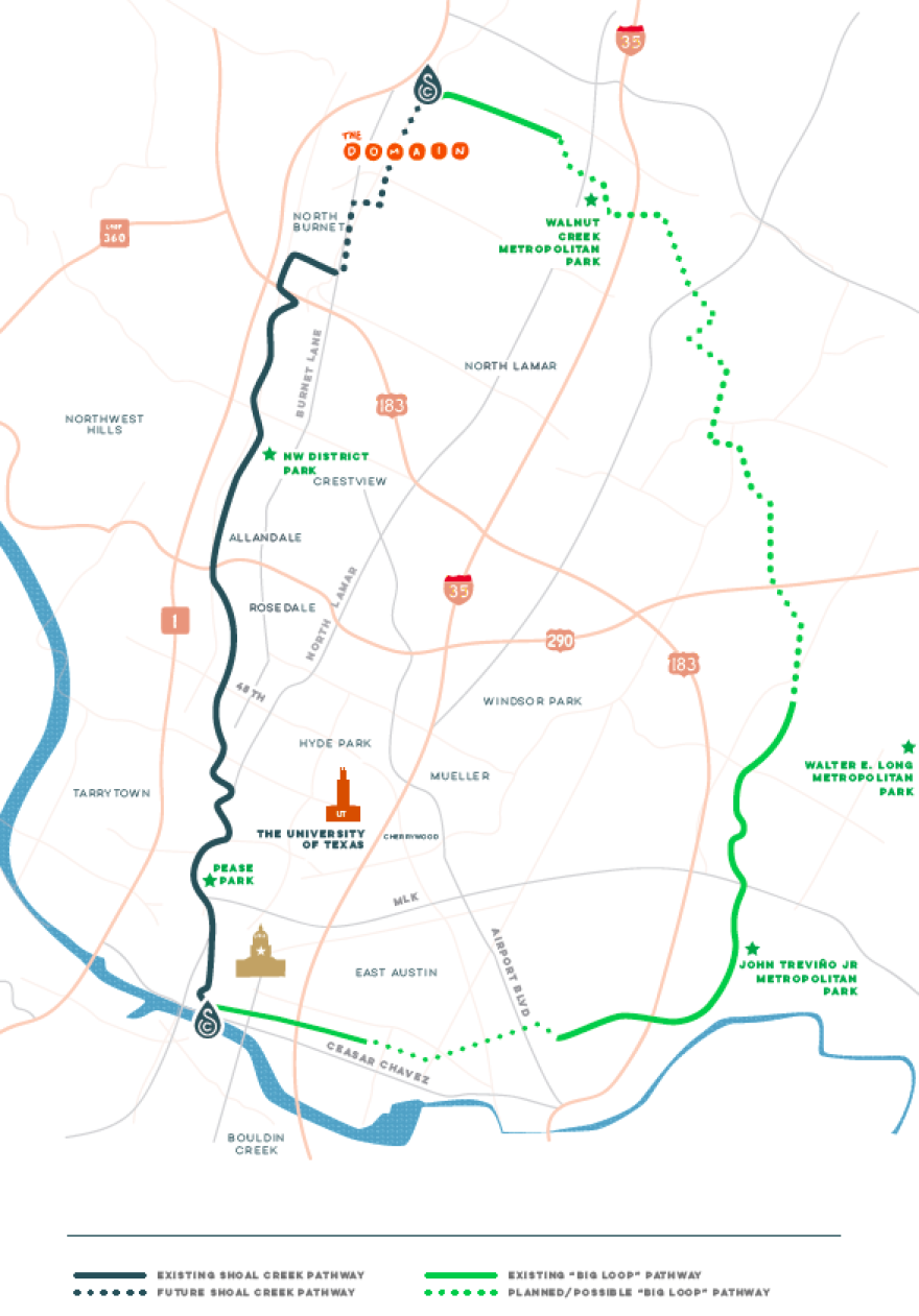 A map showing the "Big Loop," a 30-mile trail traversing Austin north of Lady Bird Lake. Northern Walnut Creek Trail is the largest missing gap in the Big Loop.
