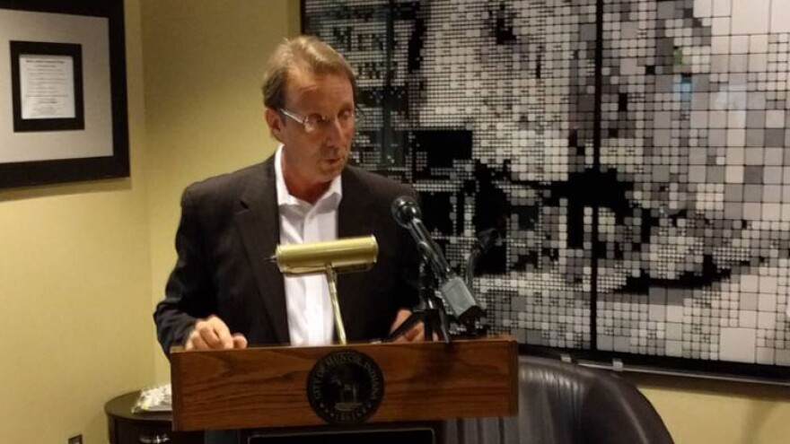 Muncie Redevelopment Commission Director Todd Donati speaks outside the Muncie mayor’s office.