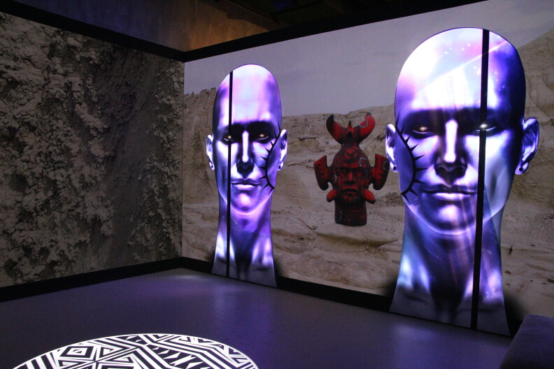  A look inside the projection room at the Virgil Ortiz Revolt 1680/2180: Runners + Gliders exhibit at History Colorado. The symbol on the floor is meant to act like a portal, transporting visitors to the futuristic world.