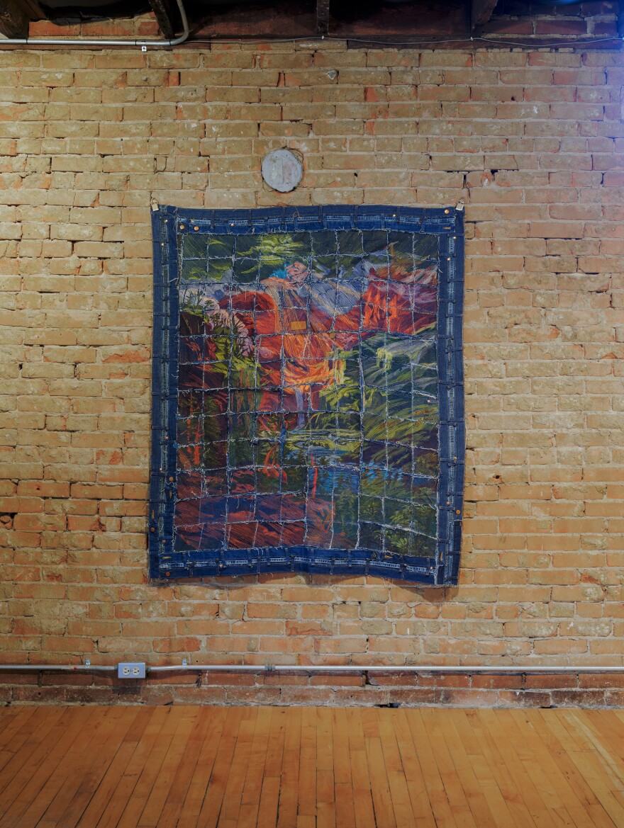 “Images stick with me for years. They wrestle with me, and I don't know why.It's a total mystery until it's done,” textile artist Ali Dipp,said. “Bierstadt-1863” is embroidery on patchwork denim with a few Wrangler-brand buttons included.