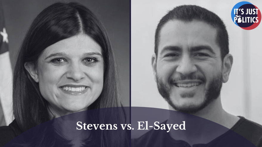 Greyed out photos of U.S. Representative Haley Stevens and Physician Abdul El-Sayed are in the background. In the foreground is a opaque, purple, half-circle with the words "Stevens vs. El-Sayed." The It's Just Politics logo is in the top right corner.
