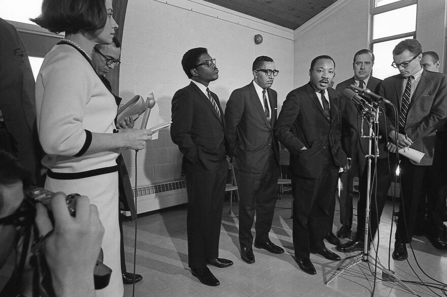 Dr. Martin Luther King Jr. holds a press conference at New York Avenue Presbyterian Church.