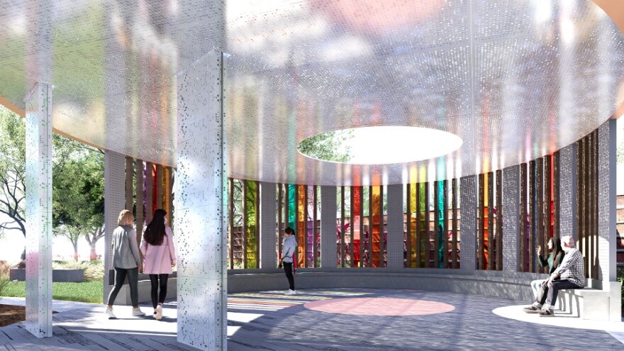 This image, a view of a proposed reflection space, shows part of the conceptual design for the Pulse Memorial.