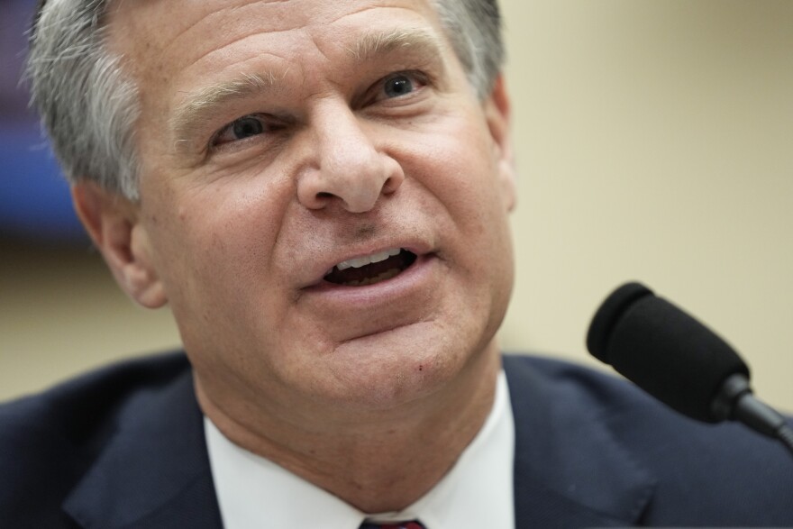 FILE - FBI Director Christopher Wray testifies before a House Committee on the Judiciary oversight hearing, Wednesday, July 12, 2023, on Capitol Hill in Washington. Wray appeared before the House Judiciary Committee for the first time since Republicans took control in January.