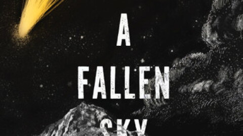 The cover of "Beneath a Fallen Sky" by Scott Gould. The cover depicts a greyscale landscape with a mountain in the distance. Above is a dark sky with stars, and a portion of it is being covered by a cloud. The only piece of color in the depiction is a shining, yellow comet shooting through the night sky.