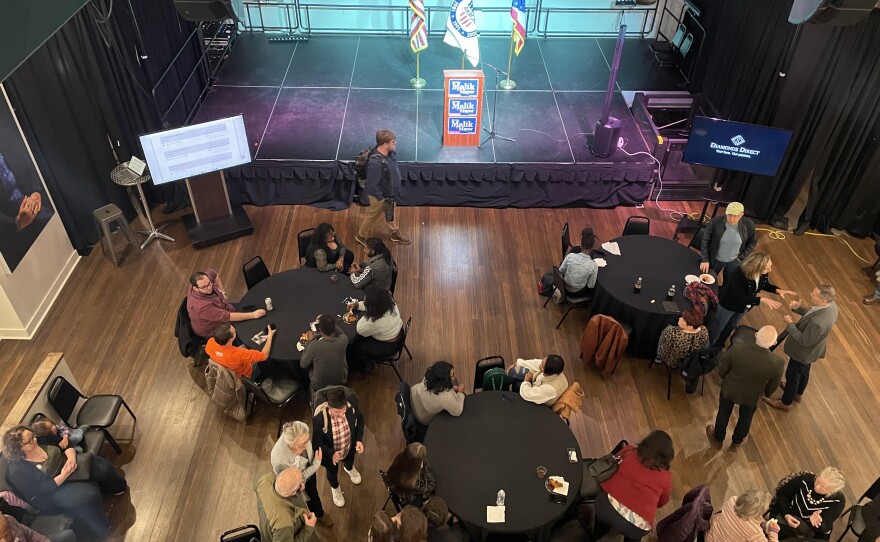 View from above of people at round tables with a stage and posters for Shammas Malik.