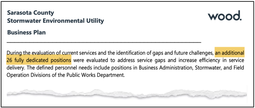 Text from the 2022 report by Wood Environment & Infrastructure Solutions. It says that during the evaluation of current services and the identification of gaps and future challenges, an additional 26 fully dedicated positions were evaluated to address service gaps and increase efficiency in service delivery. The defined personnel needs include positions in Business Administration, Stormwater and Field Operation Divisions of the Public Works Department.