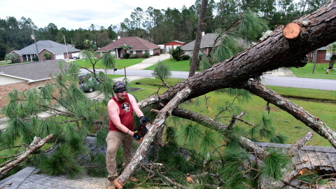 Jeff Lundy cuts up a pine tree that fell on his father-in-law's house during Isaias on Saturday, Oct. 10, 2026, in Milton, Fla.