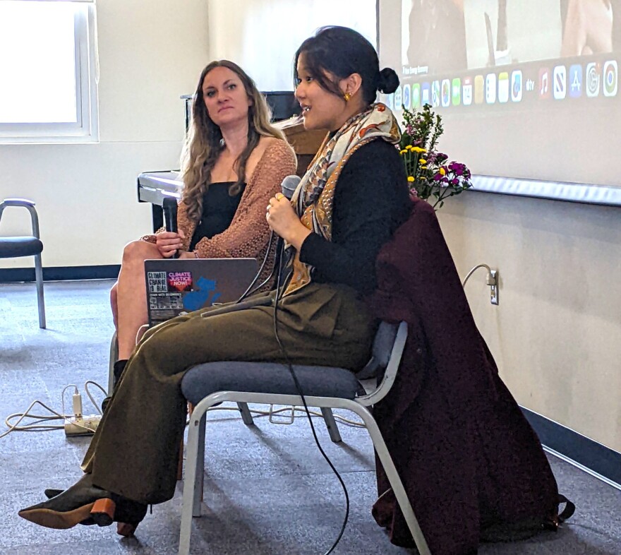 Karen Hao (right) and Bianca Sopoci-Belknap discuss the impacts of AI data centers on local communities.