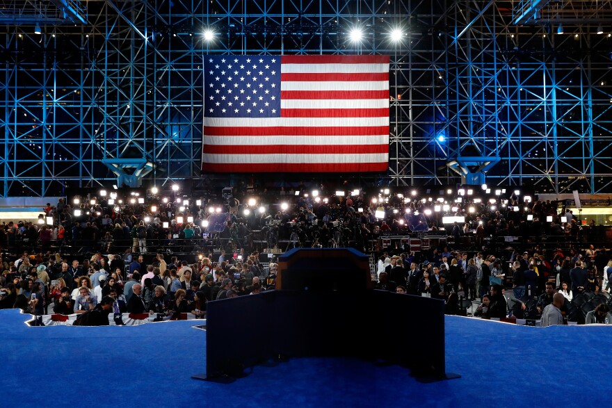 The empty stage for Democratic presidential nominee Hillary Clinton on election night at the Jacob K. Javits Convention Center.