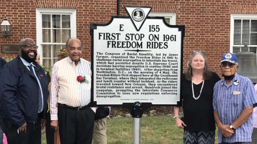 Fredericksburg was the first stop on a historic trip by so-called Freedom Riders who, in 1961, traveled through the South at great personal peril to desegregate public buses and stations as required by federal law. Local leaders, pictured here, got this and 20 other sites added to the U.S. Civil Rights Trail. (Courtesy - University of Mary Washington via Radio IQ)