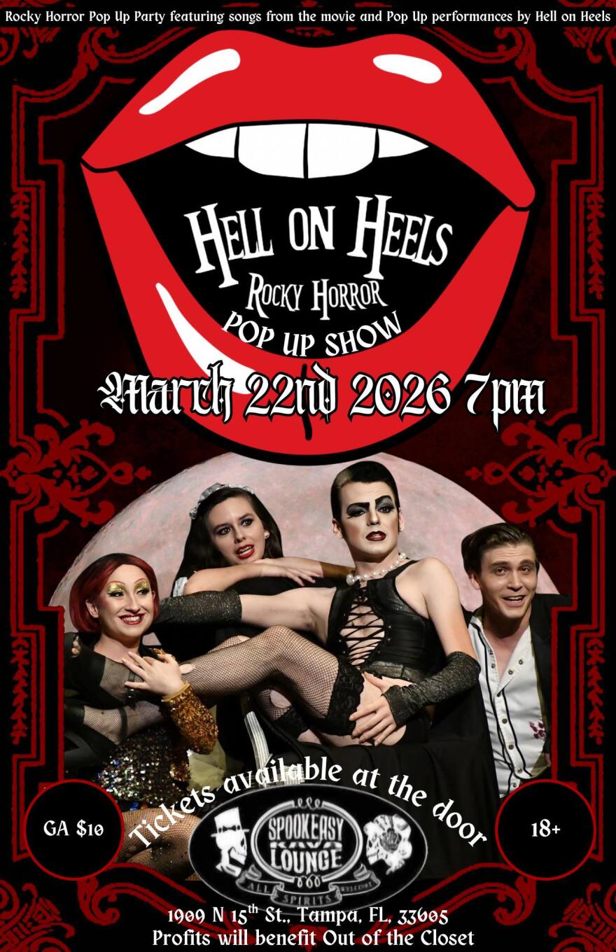 A show flier with a cartoonish set of red lips wide open and exposing teeth/ The text inside the mouth says Hell on Heels Rocky Horror Pop Up show March 22 2026 7 p.m. Underneath is a photo of the cast portraying Frank N Furter, Colombia,Riff Raff and Magenta. The text under that says tickets available at the door. Spookeasy lounge. Profeeds will beenfit out of the closet.