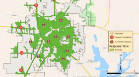 A map of the city of Denton’s existing and planned fire station locations. The four-minute response time routes are based on currently existing roads and do not accurately reflect the areas firefighters will be able to reach post-development.