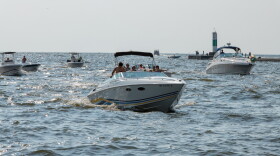 Boats in the Grand River channel in Grand Haven, MI