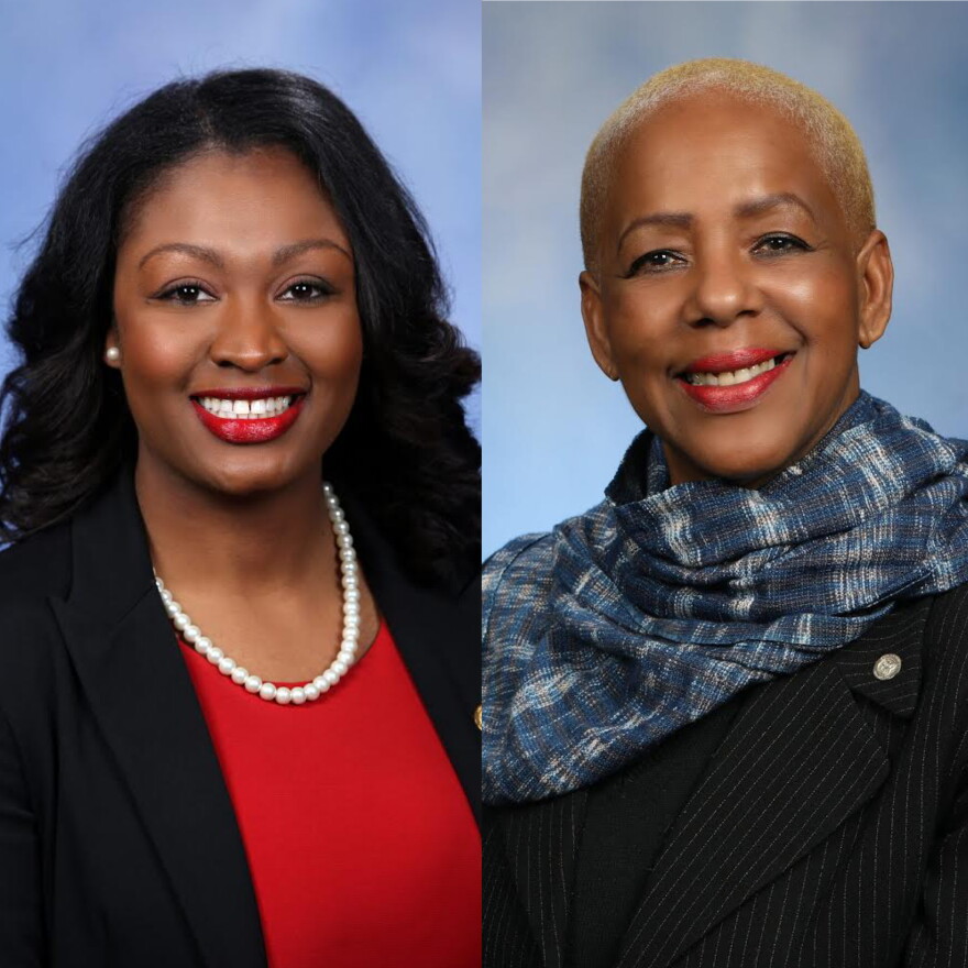 Democratic state Representatives Sarah Anthony of Lansing (L) and Cynthia Johnson of Detroit (R). An Ohio woman is charged with leaving racist, threatening voicemails at their offices.