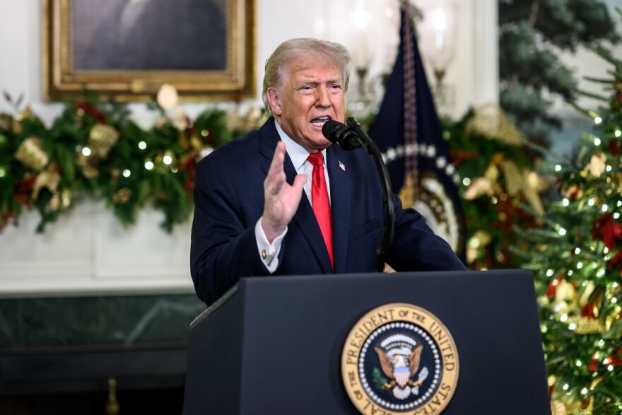 President Donald Trump addresses the nation, Wednesday, Dec. 17, 2025, from the Diplomatic Reception Room of the White House.