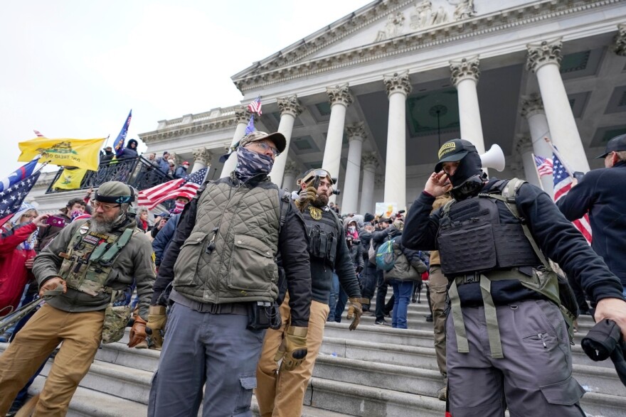 Members of the Oath Keepers at the U.S. Capitol on Jan. 6, 2021, in Washington. A Florida man who stormed the U.S. Capitol with other members of the far-right Oath Keepers testified On Monday, Oct. 31, 2022, that he believed they were participating in a historic “Bastille-type event” reminiscent of the French Revolution.