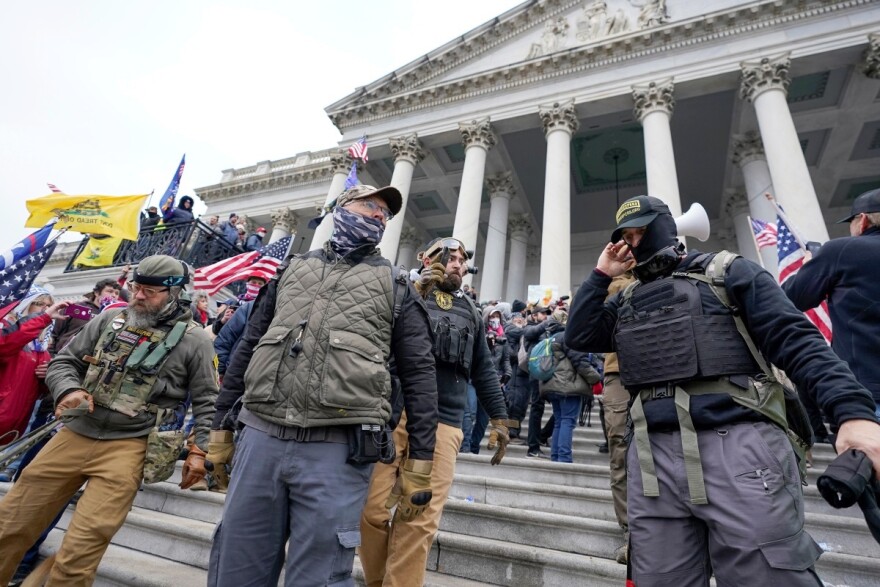  Members of the Oath Keepers at the U.S. Capitol on Jan. 6, 2021, in Washington. A Florida man who stormed the U.S. Capitol with other members of the far-right Oath Keepers testified On Monday, Oct. 31, 2022, that he believed they were participating in a historic “Bastille-type event” reminiscent of the French Revolution. 