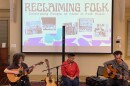 Western Mass musicians Anand Nayak (right) and Pamela Means (far left) join Boston-based singer-songwriter Naomi Westwater (center) at Forbes Library in Northampton. Westwater launched the traveling program called Reclaiming Folk in 2024.