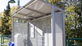Anchorage city officials unveiled upgrades including a metal shelter, a bench and a trash can at a bus stop near Muldoon Road and Northern Lights Boulevard on Sept. 23, 2026.