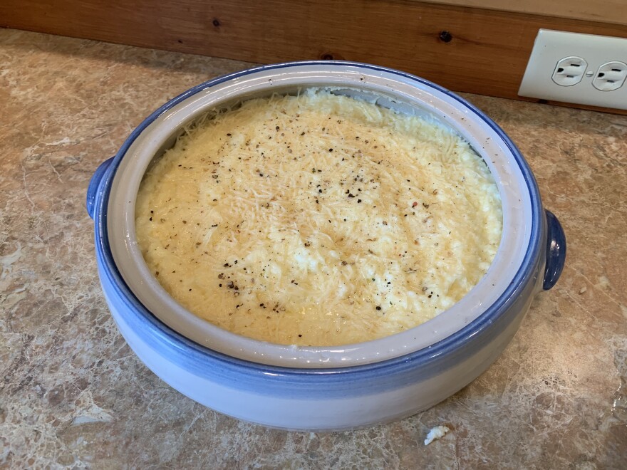 A grits casserole ready to go into the oven.