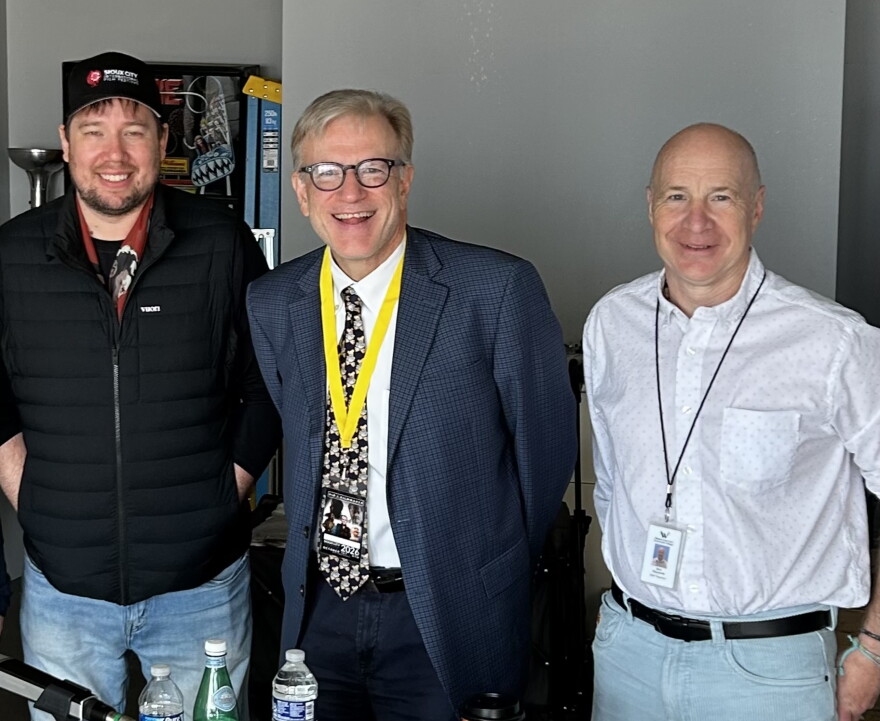 Adam Gonshorowski, who serves as director of the festival, and Greg Giles speak about the 2026 Sioux City International Film Festival with Bret Hayworth on October 2, 2026. (Mark Munger, Siouxland Public Media)
