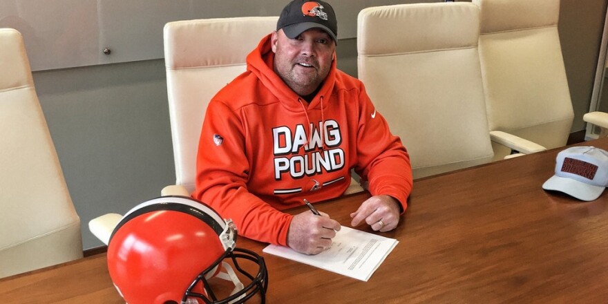 New Browns head coach Freddie Kitchens wears his trademark orange Dawg Pound hoodie.[Cleveland Browns]