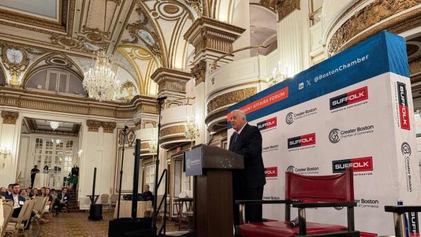House Speaker Ron Mariano speaks at the Greater Boston Chamber of Commerce's 2026 Government Affairs Forum at the Fairmont Copley Plaza Boston on April 9, 2026. 
