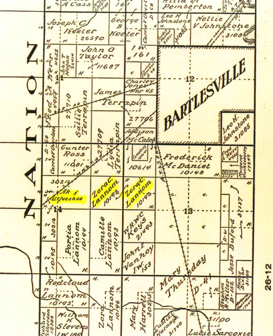 Map of the allotment lands for Lannom family, Akey Ulteeskee and Mary Harrell