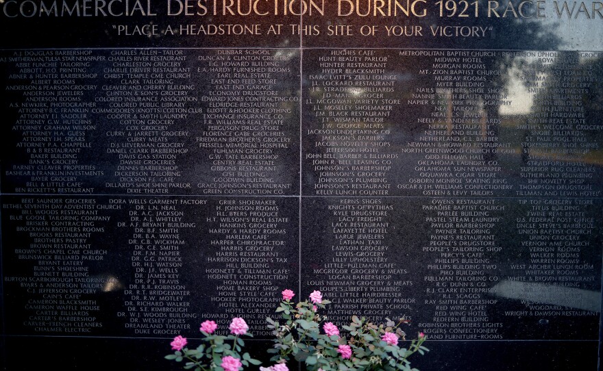 The Black Wall Street Memorial is seen in Tulsa on June 18, 2020. The Oklahoma Commission to Study the Tulsa Race Riot of 1921 published its final report in 2001. It found that the city of Tulsa had conspired to destroy Greenwood.