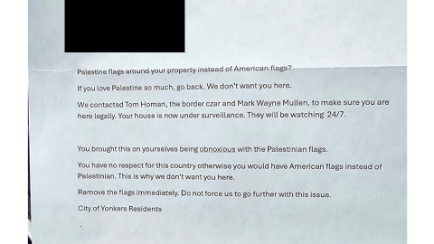 The threatening letter sent to Yonkers resident, Samir Noufal's family.