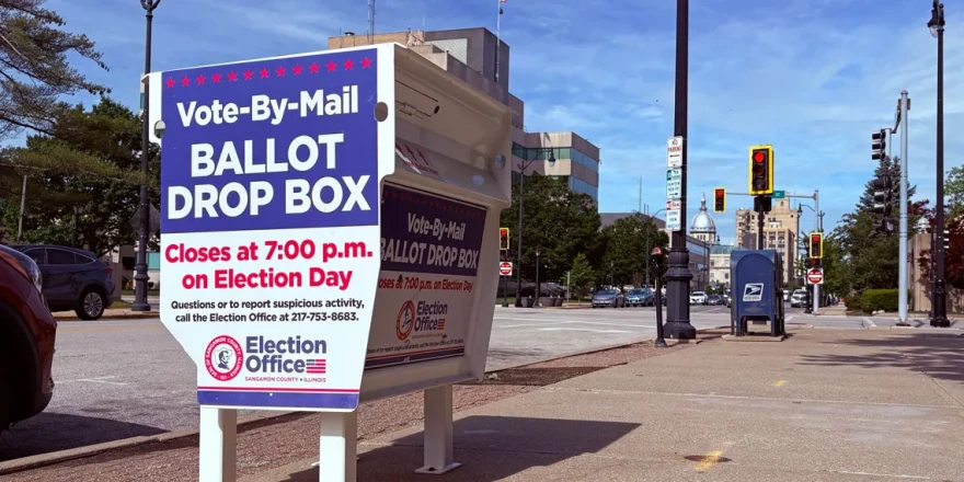 A vote-by-mail drop box is pictured in Sangamon County, blocks away from the Illinois State Capitol.