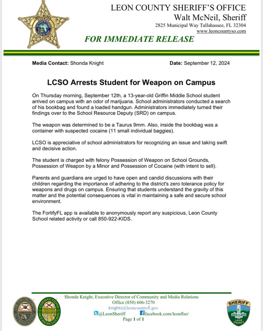 This is the press release from Leon County Sheriff's Office about the Griffin student's charges.