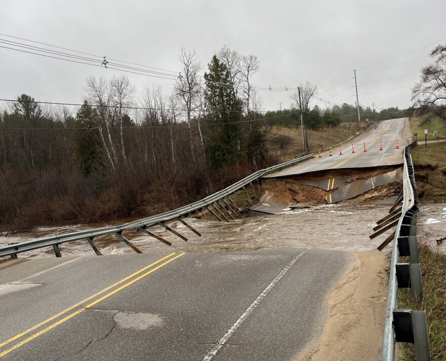 The Boardman River overtaking Beitner Rd. after a severe flooding event. (Photo courtesy of Grand Traverese County Road Commission)