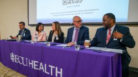From left, ECU Health Chief Strategy Officer Todd Hickey, ECU Health Chief Clinical Officer and Chief Quality Officer Dr. Niti Armistead, ECU Health Chief Nursing Executive Trish Baise, ECU Health Chief Operating Officer Brian Floyd and ECU Health Beaufort Hospital President Dennis Campbell II sit together before a C-Suite Round Table.