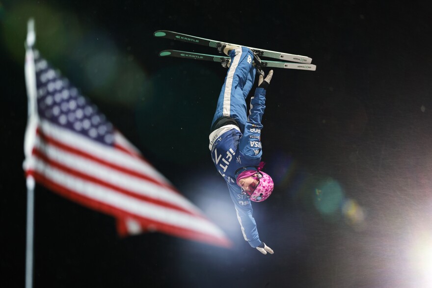 Dani Loeb during the aerials mixed team event at the iFit Freestyle Ski World Cup Lake Placid on January 19, 2025 in Lake Placid, New York. Photo: @dustinsatloff // @usskiteam
