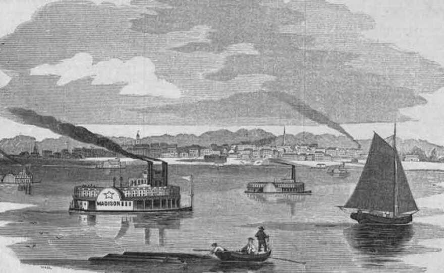 An 1854 engraving titled "View of the City of Madison, Indiana," showing several steamboats and sailboats navigating the Ohio River with the city skyline and hills in the background.