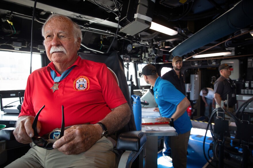 U.S. Marine Corps Col. (Ret.) Harvey C. Barnum Jr., a Medal of Honor recipient, sits on the bridge of the future USS Harvey C. Barnum Jr. (DDG 124) during sea trials in July 2025. The ship is named in honor of Barnum, who received the Medal of Honor for valor during the Vietnam War.