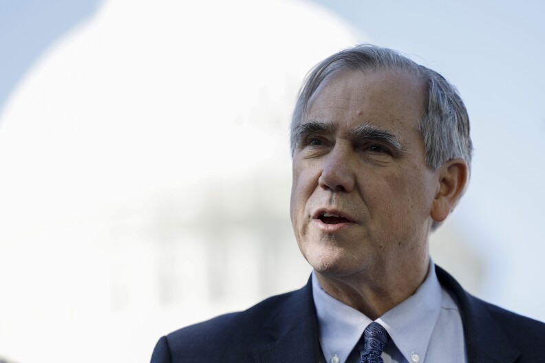 Sen. Jeff Merkley (D-OR) speaks at a press conference on the introduction of the Senate ETHICS Act outside of the U.S. Capitol Building on April 18, 2023 in Washington, DC.