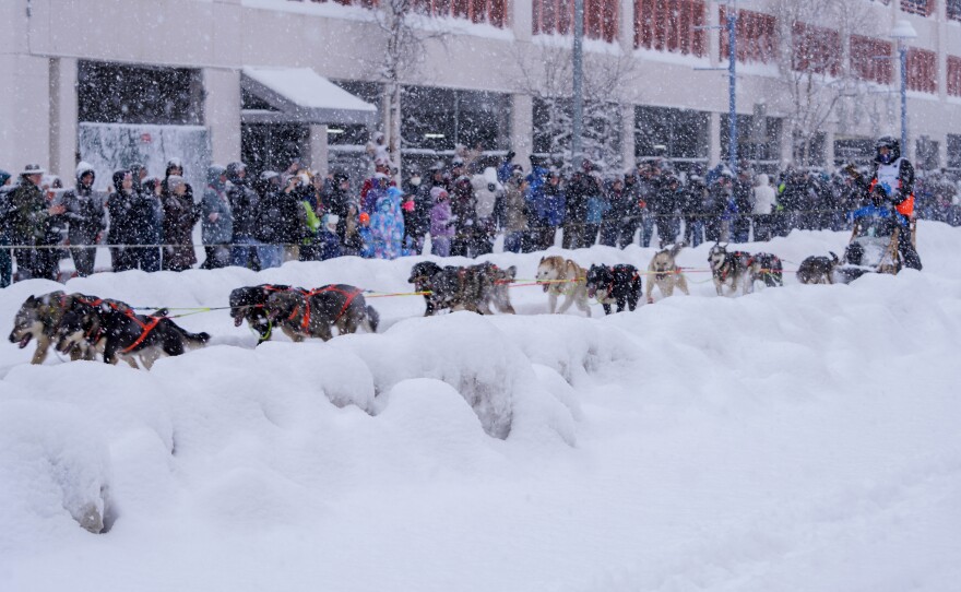 Joar Leifseth Ulsom races through Anchorage for the ceremonial start of the 50th Iditarod Trail Sled Dog Race on March 5, 2022.
