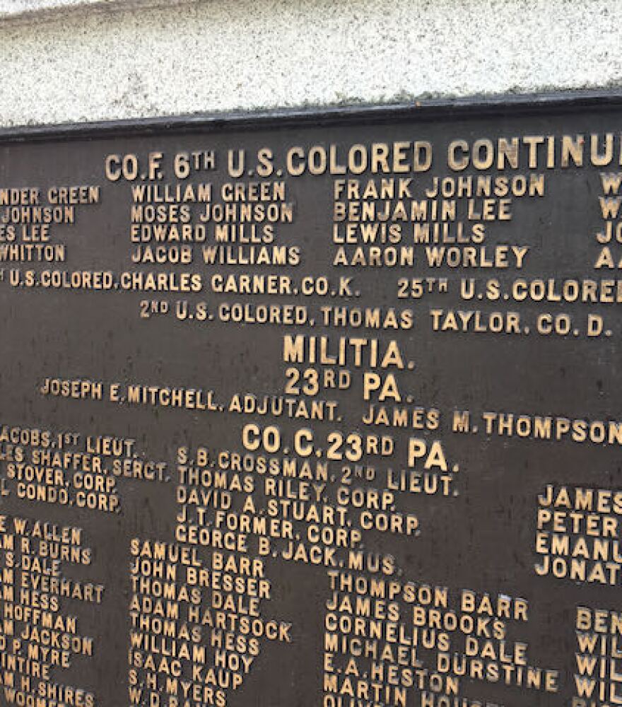 A brass plaque near the Centre County Courthouse lists the names of the U.S. Colored Infantry and Militia who served in the Civil War.