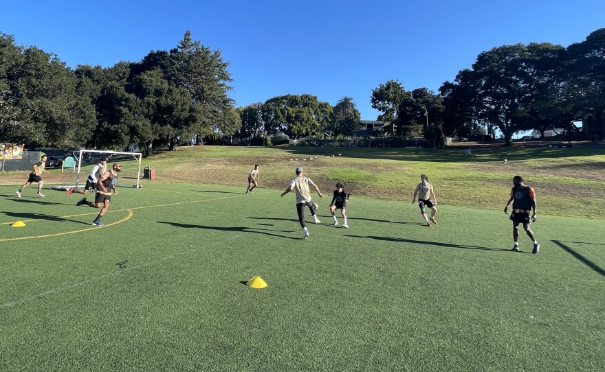 A pickup game in San Antonio Park run by Neighborhood Sport Club.