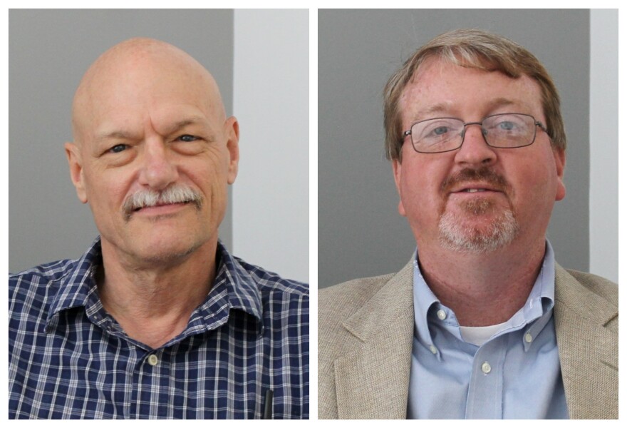 Wash U’s Robert Criss (at left) and David Stokes, executive director of the Great Rivers Habitat Alliance, shared their perspectives on the region’s river and floodplain policies.