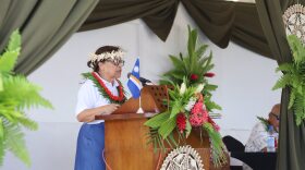 Marshall Islands President Hilda Heine addresses the crowd at Nuclear Victims Remembrance Day on March 2, 2026.