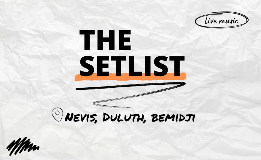 "The Setlist" and "Nevis, Duluth, Bemidji" written over a crumpled paper background. 