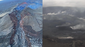 On the left, no lava movement is seen in the Fissure 3 vent on the Northeast Rift Zone of Maunaloa on Dec. 12. On the right, no lava is seen at Halemaʻumaʻu Crater on Kīlauea on Dec. 13, 2022.