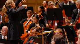 Conductor Gemma New leads the Dallas Symphony Orchestra in performing 'What Keeps Me Awake,' by the DSO's composer-in-residence Angélica Negrón, at the Morton H. Meyerson Symphony Center in Dallas on Sept. 15, 2022.