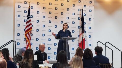 U.S. Sen. Elissa Slotkin, D-Michigan, speaks at the Polk County Democrats Spring Dinner on April 7 in Des Moines.
